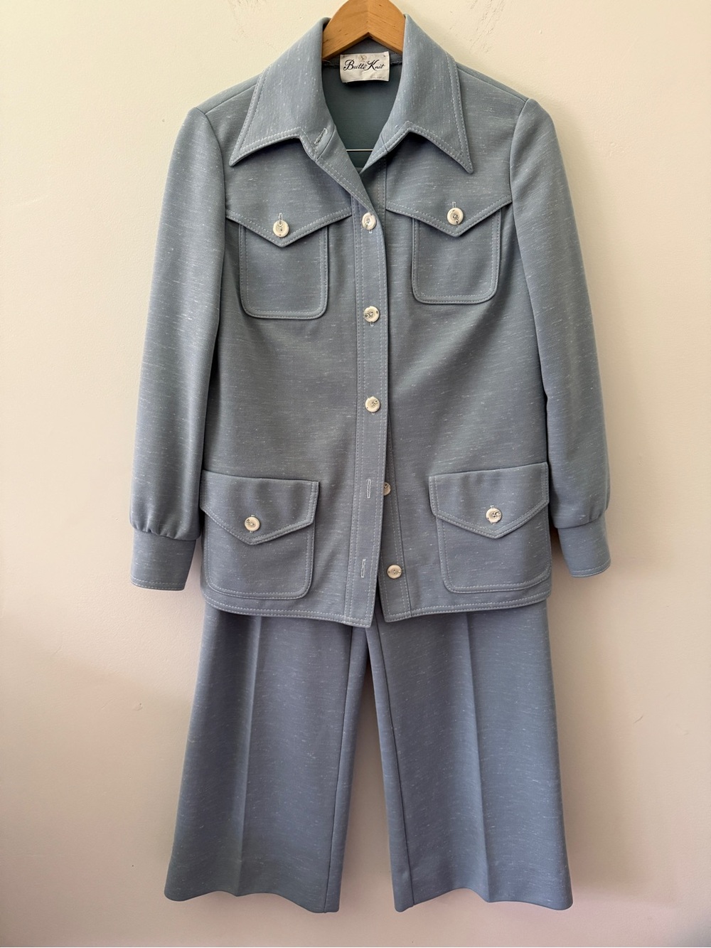 Rare 1970s Butte Knit Baby Blue Blazer and Pants Suit Set